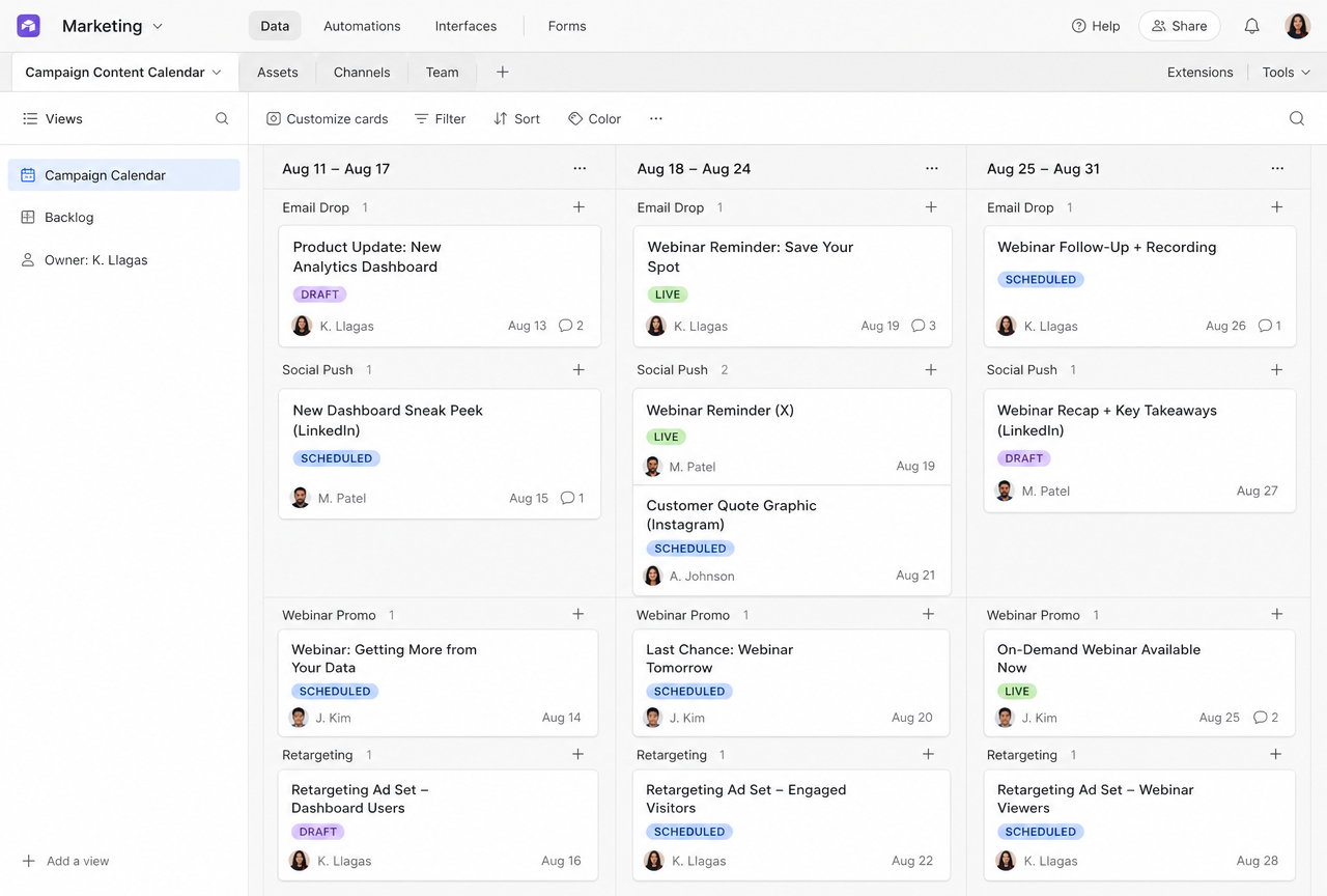 Airtable-style campaign content calendar with weekly columns, status tags and owner view